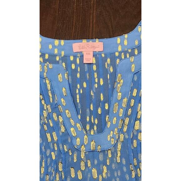 Lilly Pulitzer Womens Tunic Colby Silk Clip Metallic Gold sheer Blouse Blue XXS - Picture 4 of 8